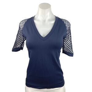 Venus Blue V Neck Cutout Back Eyelet Half Sleeve Solid Pullover Blouse Top Sz M